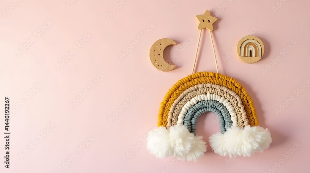 Obraz premium Wooden Toys and Handmade Rainbow Macrame on Soft Blush Pink Background for Text Placement