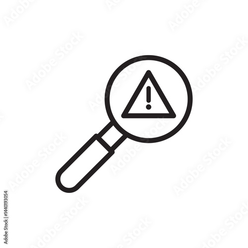 Black outlined isolated illustration of magnifying lens glass and warning sign. Vector icon in flat style