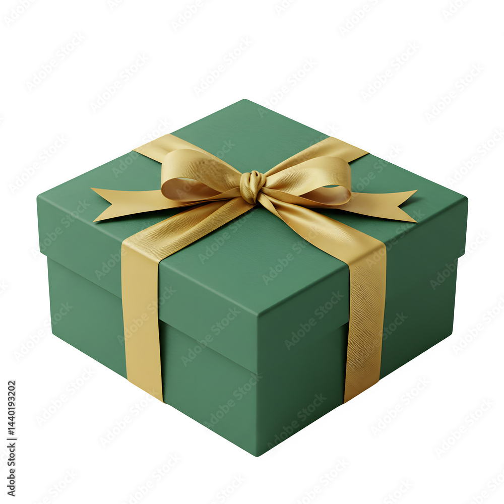 Fototapeta premium Green gift box with Elegant golden ribbon and Elegant golden bow on white or transparent background, PNG