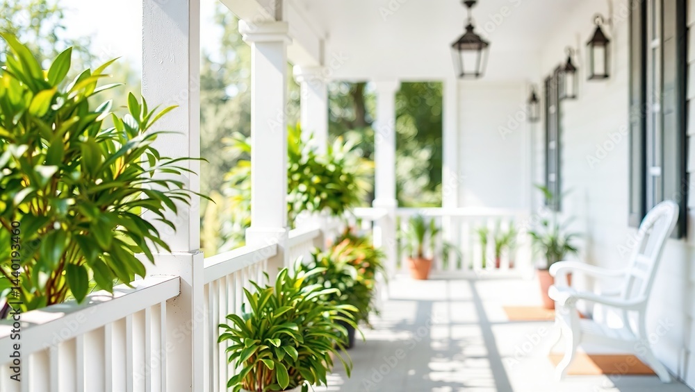 Fototapeta premium Pristine White Porch with Lush Greenery, Ideal for Relaxation