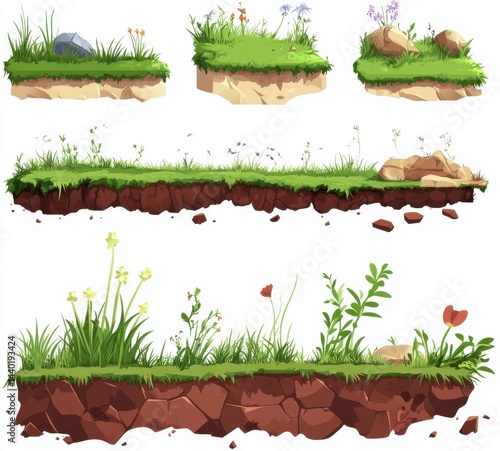 Grass patches on soil illustration, grass asset design isolated on white background 
