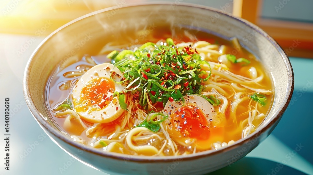 Delicious Ramen Bowl Featuring Soft Boiled Egg and Scallions Garnishing With Chili Delicious Ramen Bowl Featuring Soft Boiled Egg and Scallions Garnishing With Chili