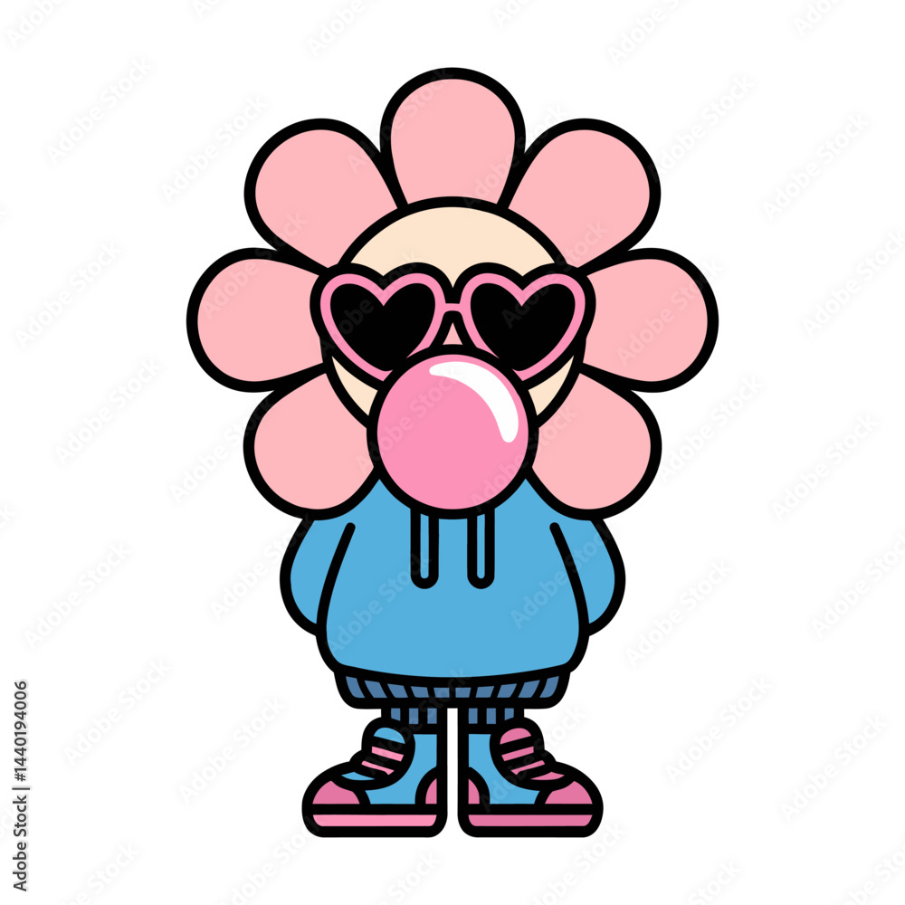 Obraz premium Cute Flower Character with Sunglasses and Bubble Gum