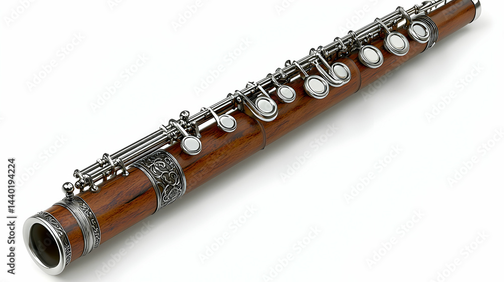 Naklejka premium Elegant wooden flute with silver keys and intricate detail design