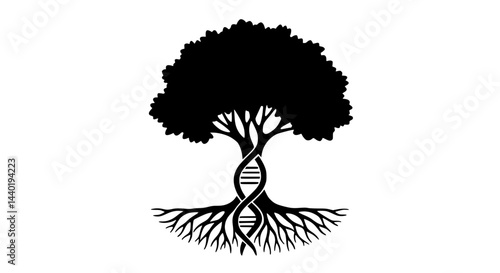  Stylized Tree of Life silhouette with DNA trunk in black and white with red accents representing heredity, growth, genetics