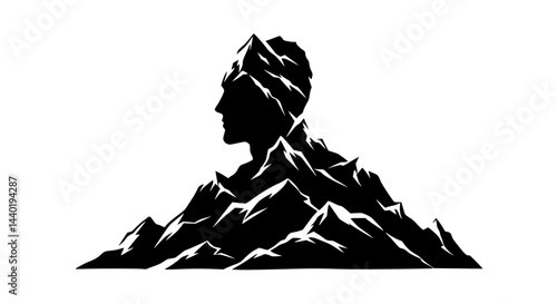  Person profile head and shoulders formed from mountain range woodcut style stoic representing nature fusion against white background