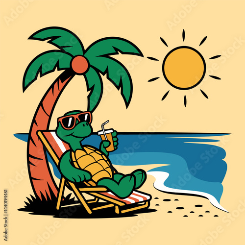 Turtle Relaxing on Beach Chair with Drink Under Palm Tree