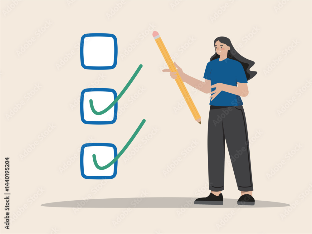 Fototapeta premium Criteria checklist report, evaluation, complete checkbox, finish work to do list or task done quality assurance control checkmark concept. Happy woman tick on completion checklist vector flat design.