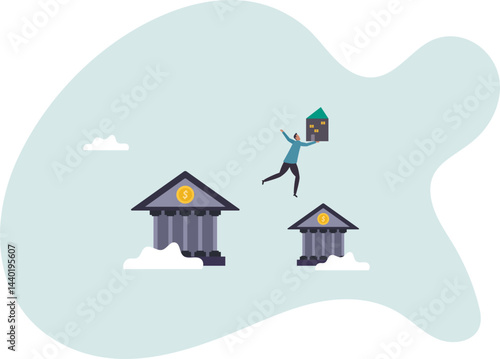 Refinance change mortgage agreement to new bank, replace debt obligation with better interest rate, housing loan or real estate investment.character for design.
