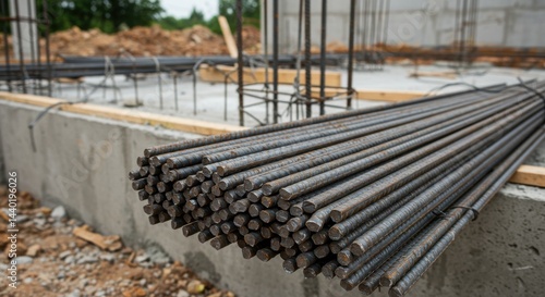 Construction Site: Close-up of Steel Rebar at Foundation Stage photo