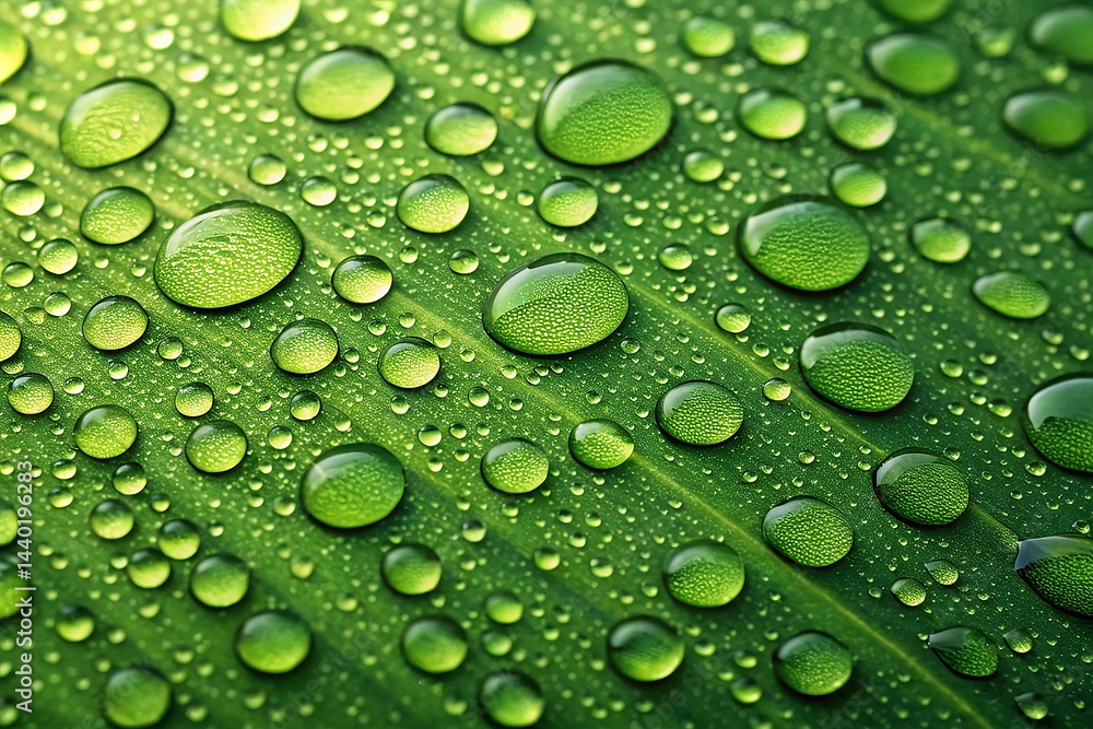 Close-up of Water Droplets on Green Leaf with Vein Details Close-up of Water Droplets on Green Leaf with Vein Details