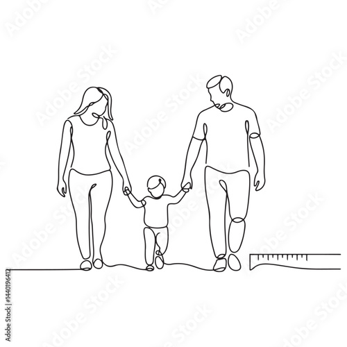Happy family in continuous line art drawing style. Back view of parents with one child holding hands and walking together black linear sketch Ruler icon Vector Black silhouettes. with white background