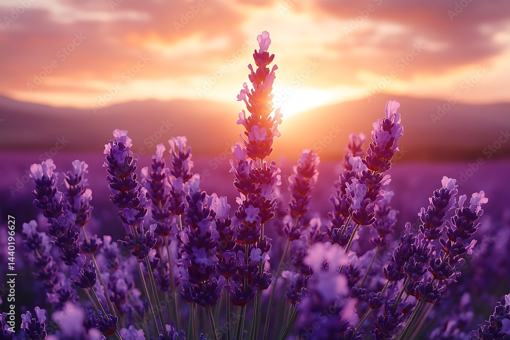 Fototapeta premium Lavender field at sunset with soft light and mountain silhouette