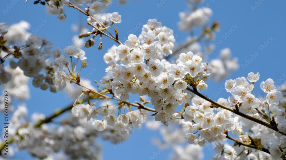 Spring cherry blossom scene with blooming flowers, blue sky, and sunlight. Serene natural landscape with delicate petals. Spring cherry blossom scene with blooming flowers, blue sky, and sunlight. Serene natural landscape with delicate petals.