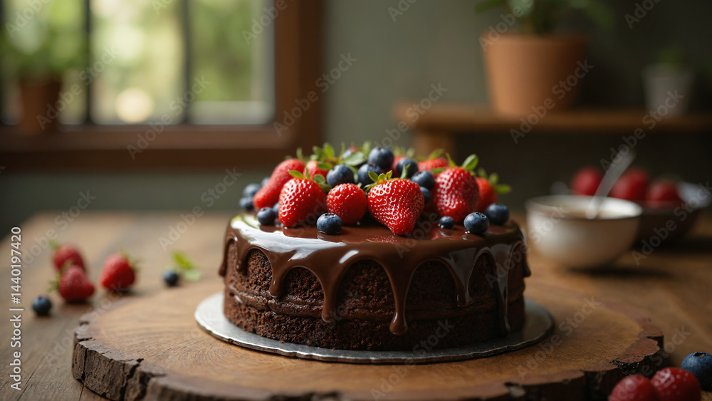 Chocolate cake with strawberries.
