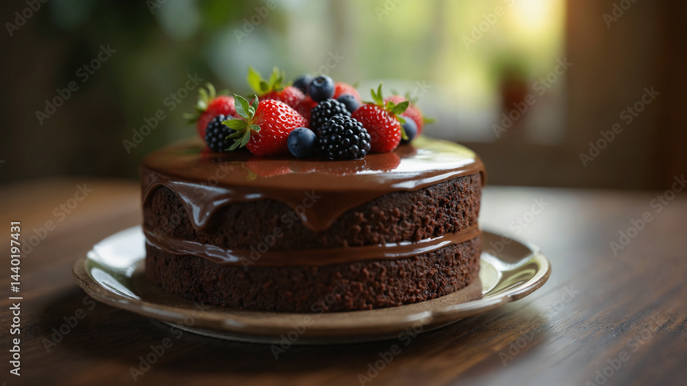 Chocolate cake with strawberries.