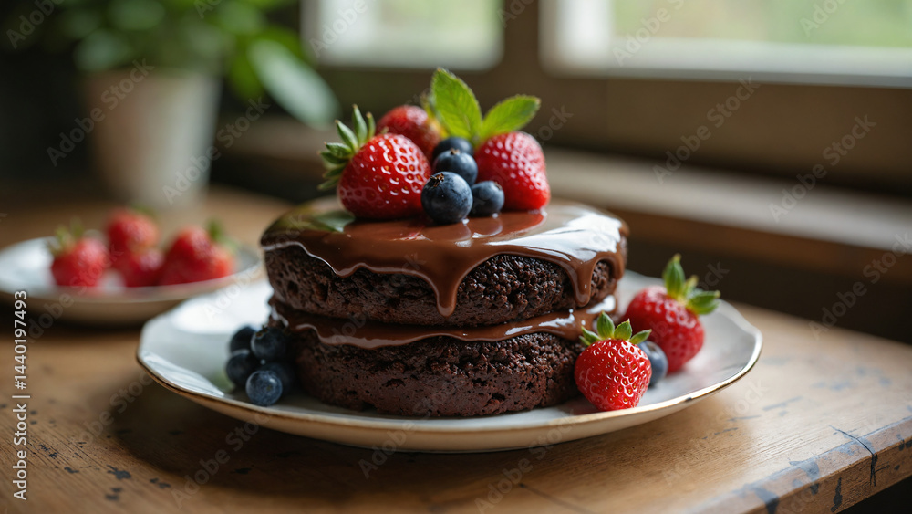 Chocolate cake with strawberries.