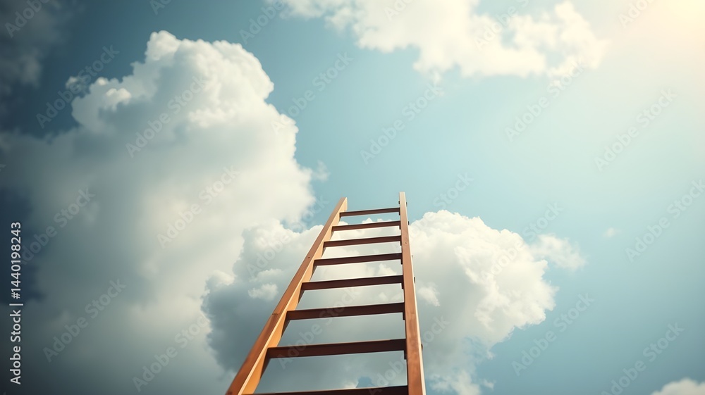 A ladder leading to a cloud with a money bag on it A ladder leading to a cloud with a money bag on it