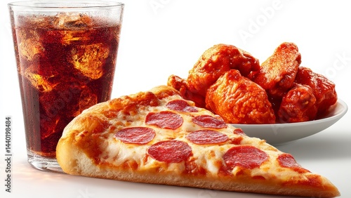 Pepperoni Pizza Slice with Chicken Wings and Soda