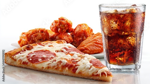 Delicious Pizza and Wings with Cold Drink
