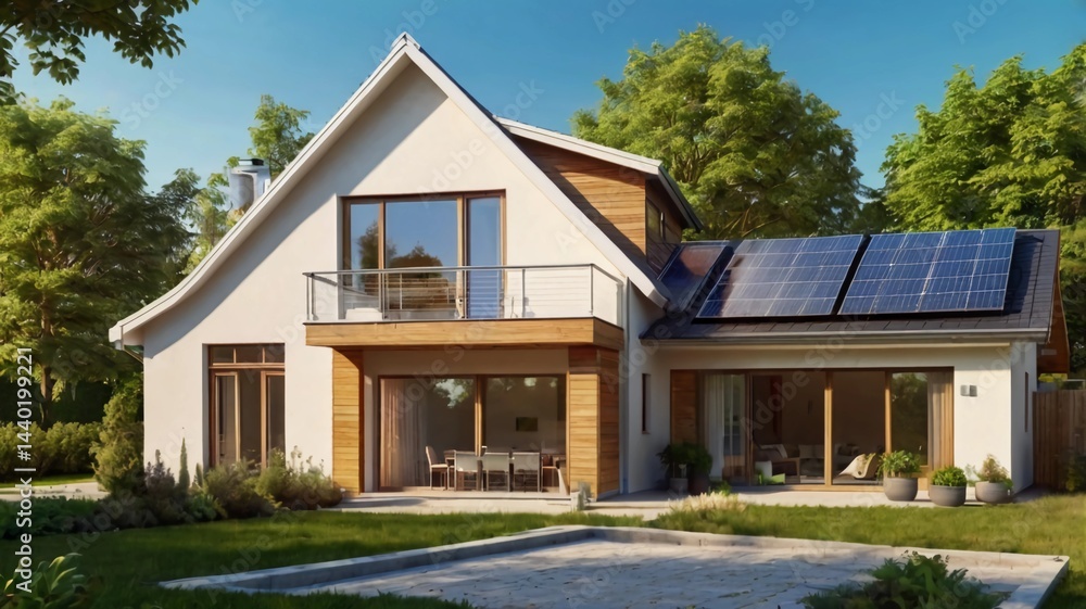 Modern eco-friendly house with solar panels on the roof, sunny suburban neighborhood, realistic photo, clear sky, lush green surroundings, sustainability concept Modern eco-friendly house with solar panels on the roof, sunny suburban neighborhood, realistic photo, clear sky, lush green surroundings, sustainability concept