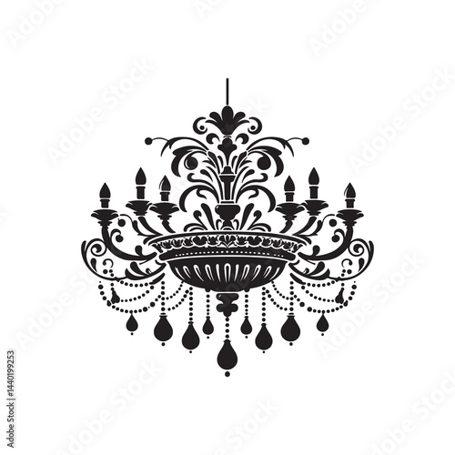 Chandelier Silhouette Vector Illustration, Solid White Background.