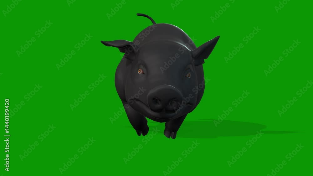 High Quality 3D Black Colour Pig Running Fast From Front On Green Screen Rendering Animation High Quality 3D Black Colour Pig Running Fast From Front On Green Screen Rendering Animation