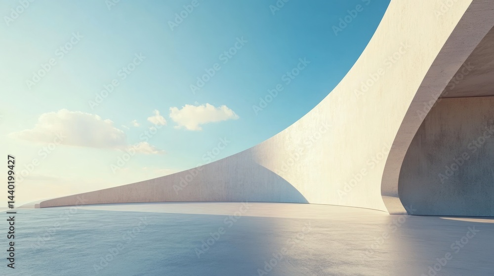 Fototapeta premium Abstract architectural design with white curved structures and blue sky