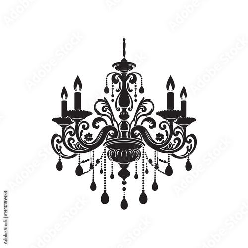 Chandelier Silhouette Vector Illustration, Solid White Background.