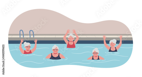 Seniors enjoying water aerobics at the swimming pool,  for advertising active longevity programs and active leisure