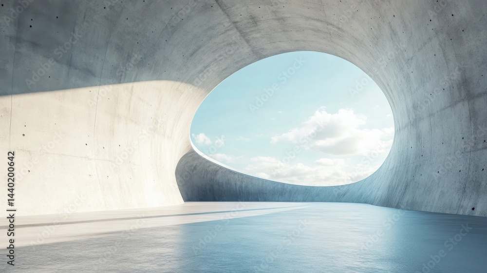 Fototapeta premium Modern architectural interior with round window and sky view, minimalist background