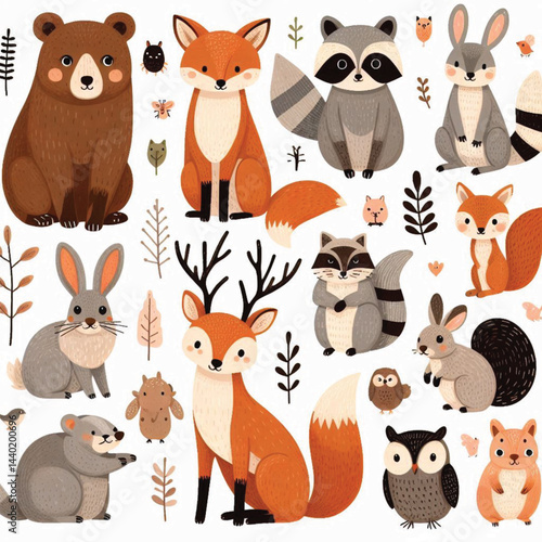 Cute woodland forest animals vector illustration including a bear, foxes, deer, raccoon, rabbit, rat, squirrel, and owl on white background