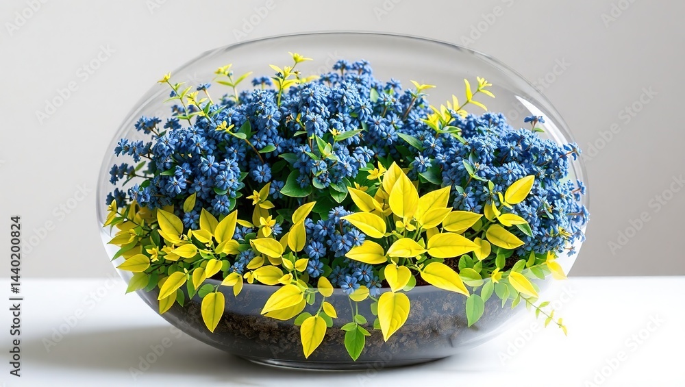 Summer Garden Decor: Blue and Yellow Barberry with Hosta in Glass Bowl