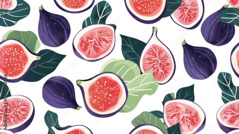 Vibrant pattern with fresh purple figs and pink flesh slices with seeds and green leaves on white background Vibrant pattern with fresh purple figs and pink flesh slices with seeds and green leaves on white background