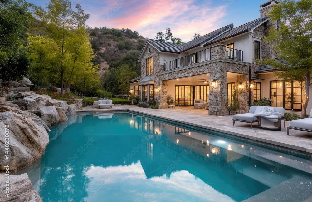 Fototapeta premium a large, two-story house with three expansive outdoor shots featuring an in-ground pool and lush landscaping