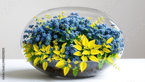 Obraz na płótnie Summer Garden Decor: Blue and Yellow Barberry with Hosta in Glass Bowl w salonie