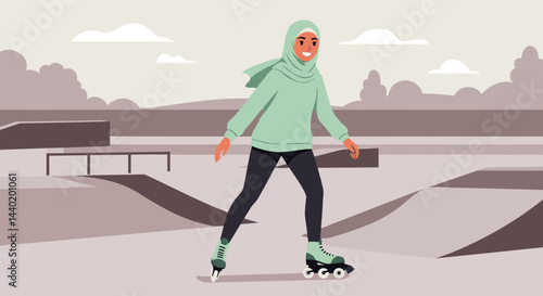 Young woman roller skating joyfully at a skate park, Suitable for blogs about inclusiveness and multiculturalism, about the active rest of different cultures 