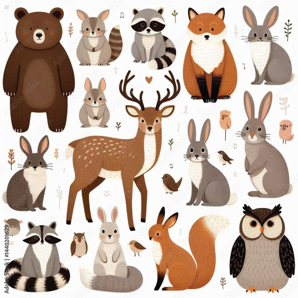 Naklejka premium Cute woodland forest animals vector illustration including a bear, foxes, deer, raccoon, rabbit, rat, squirrel, and owl on white background