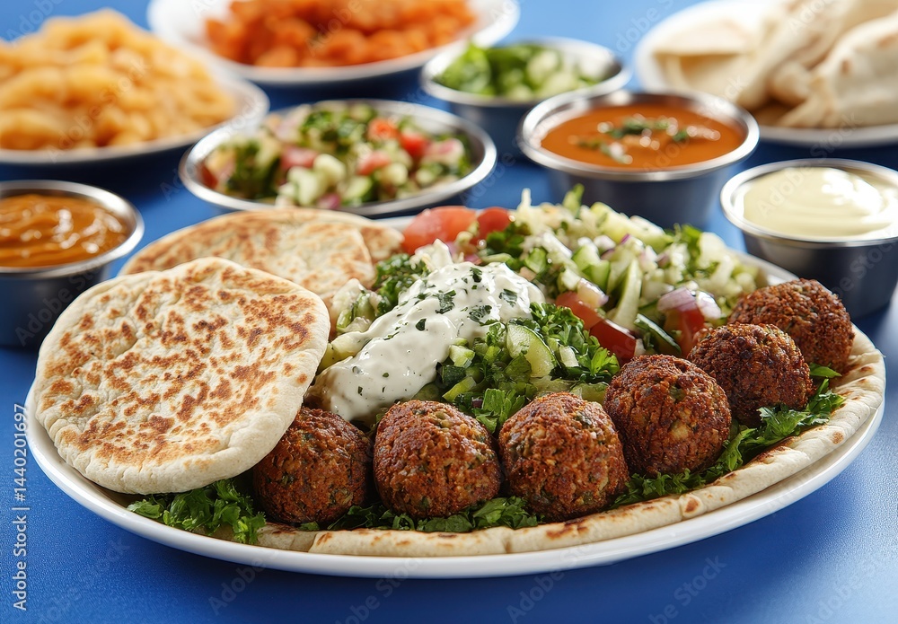 Delicious platter of falafel served with fresh salad, sauce, and warm pita bread on blue table, showcasing vibrant colors and tempting textures Delicious platter of falafel served with fresh salad, sauce, and warm pita bread on blue table, showcasing vibrant colors and tempting textures