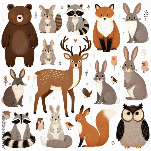 Cute woodland forest animals vector illustration including a bear, foxes, deer, raccoon, rabbit, rat, squirrel, and owl on white background