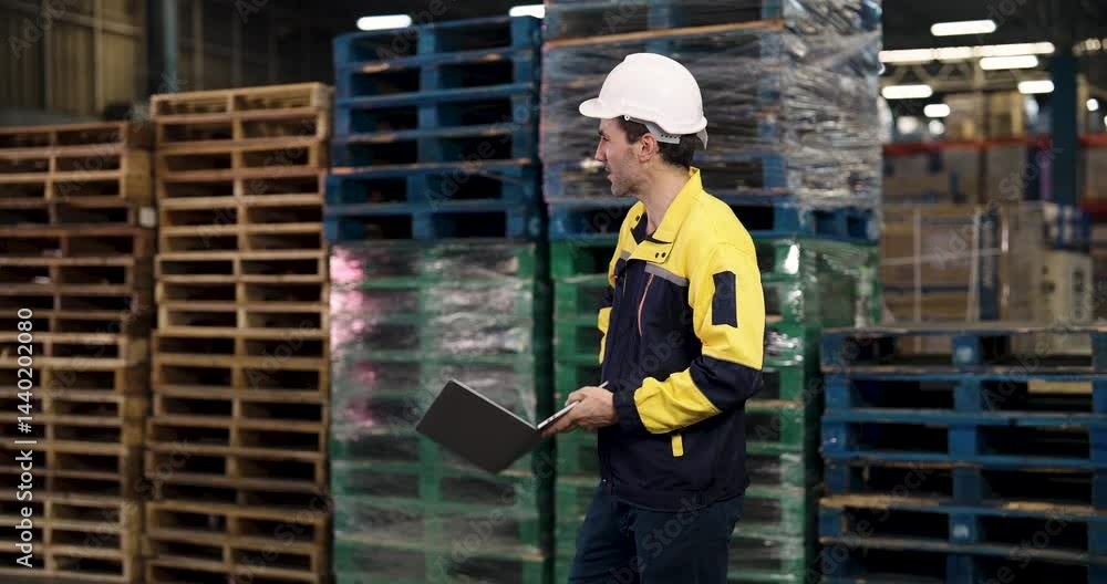 Warehouse engineer using laptop in industrial area surrounded by wooden pallets analyzing task information representing modern inventory system operated by skilled male technician Warehouse engineer using laptop in industrial area surrounded by wooden pallets analyzing task information representing modern inventory system operated by skilled male technician