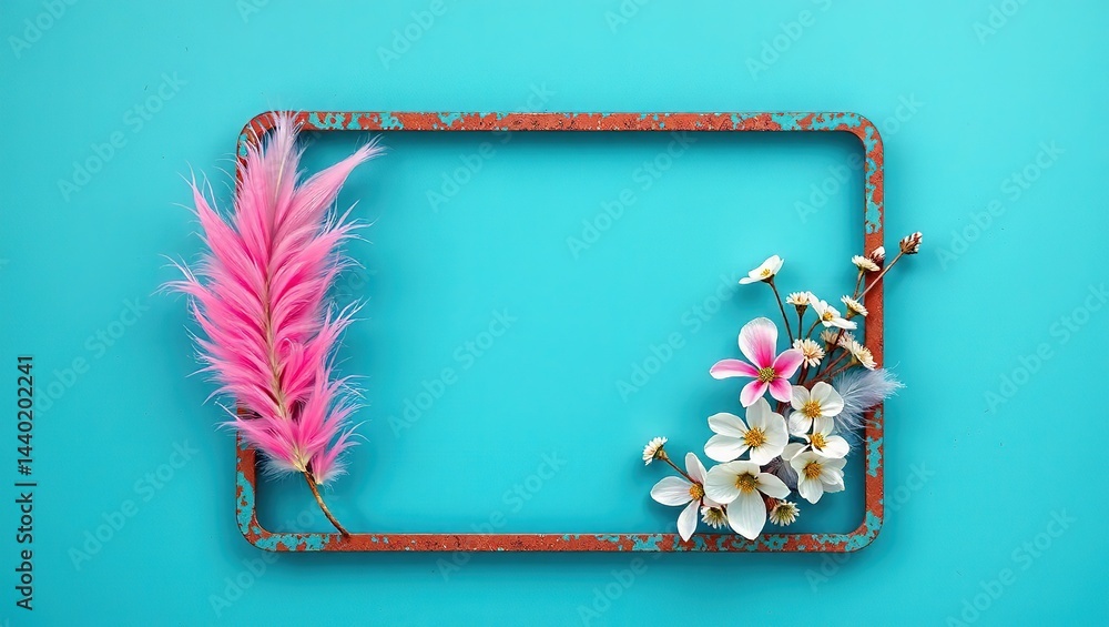 Teal, Pink, and White Rusty Steel Frame with Feather Design and Omphalodes Flowers