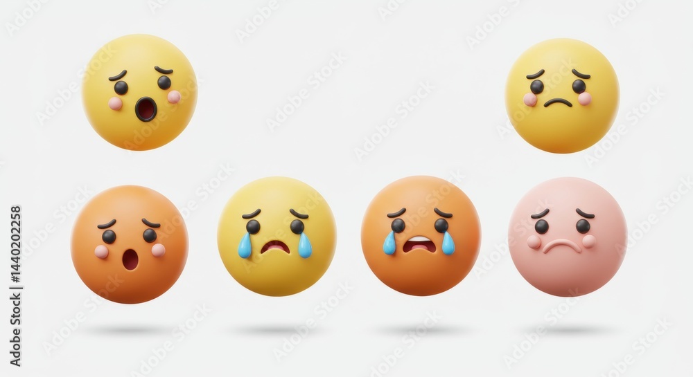 Fototapeta premium Floating Sad Face Emojis, Tears, Pastel Colors, 3D Rendered.
