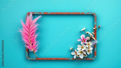 Obraz na płótnie Teal, Pink, and White Rusty Steel Frame with Feather Design and Omphalodes Flowers w salonie