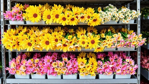 Obraz na płótnie Tiered Metal Rack Displays Yellow and Pink Flowers w salonie
