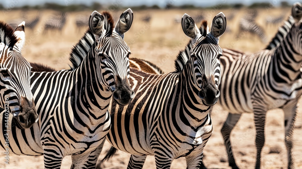 Fototapeta premium A group of zebras standing together in a verdant field showcasing their unique striped patterns