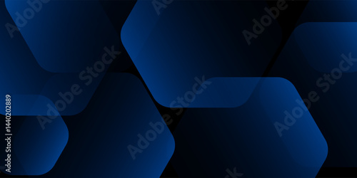 Modern abstract black background with glowing geometric lines. Blue gradient hexagon shape design. Futuristic technology concept.
