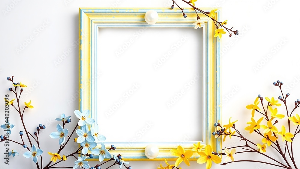 Water Frame with Pearl Accent and Corydalis, Blue, Yellow, White