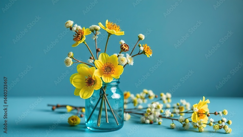 Yellow and Silver Flowers on Cyan Glass Jar - Springtime Still Life