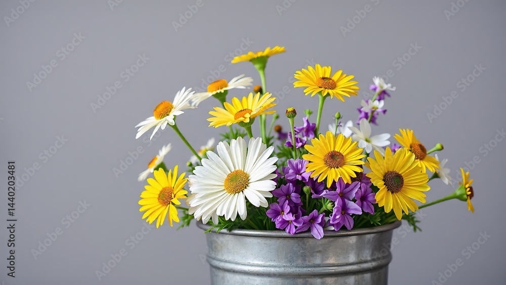 Yellow and White Flowers in Metal Planter, Copy Space for Design